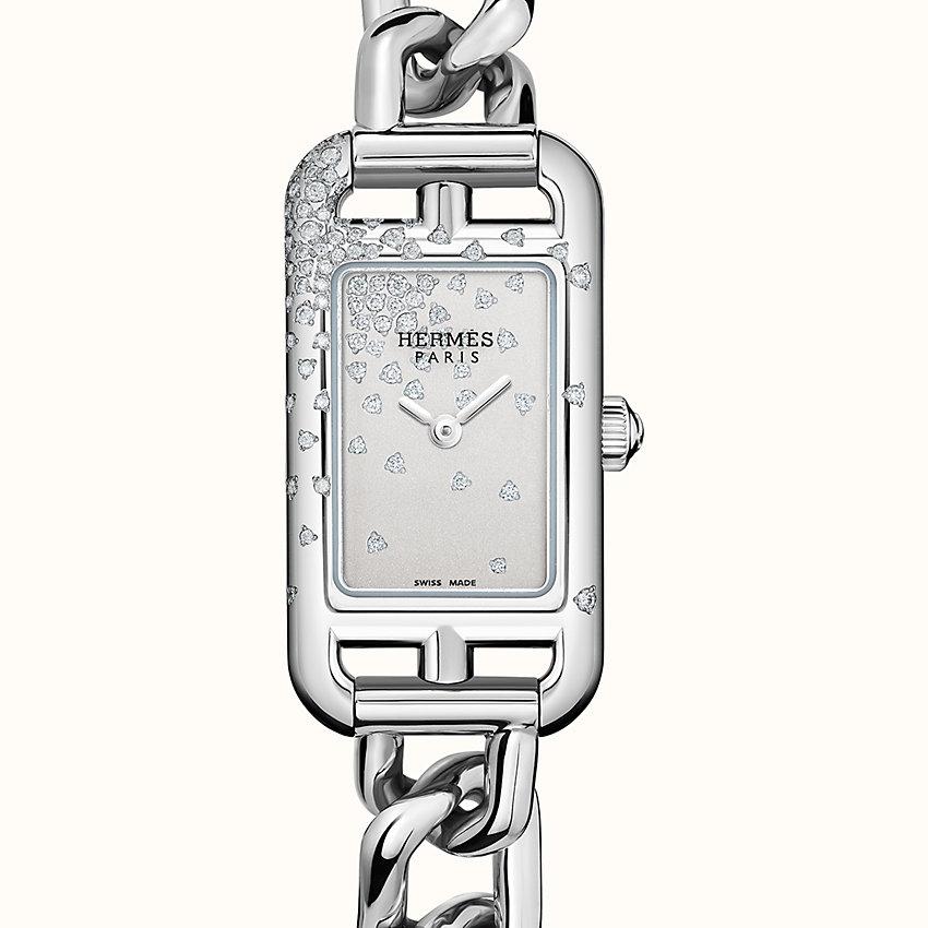 Diamond-set steel watch with diamond sprinkled setting, diamond-set rhodium-plated and sand-blasted dial, 17 x 23 mm, steel bracelet