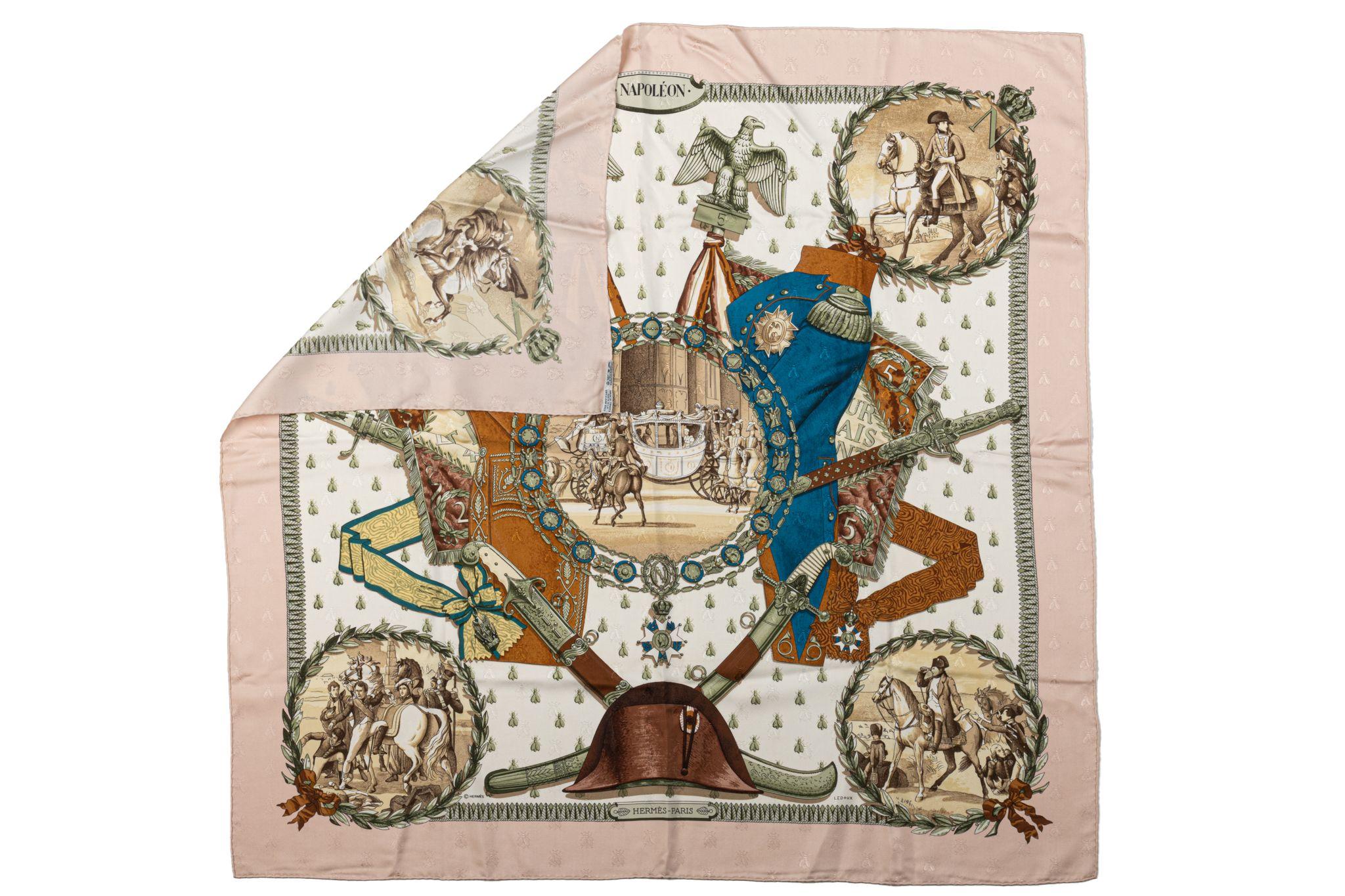 Hermès 100% silk twill scarf with hand-rolled edges. Napoleon collectible design in pink. Dry clean only. Does not include box.

