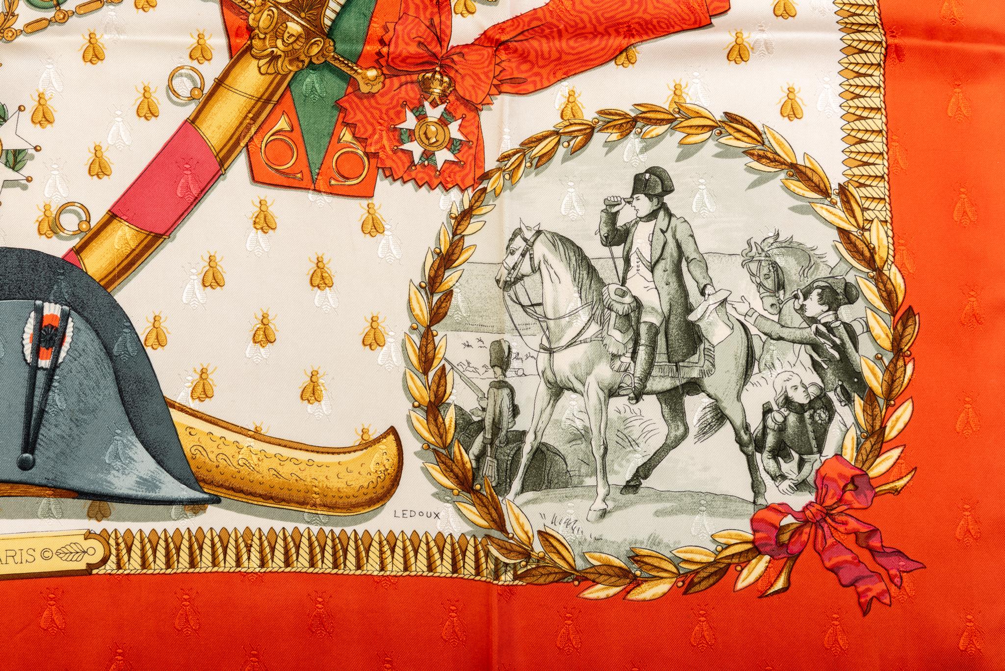 Brown Hermès Napoleon Red Silk Scarf Ledoux For Sale