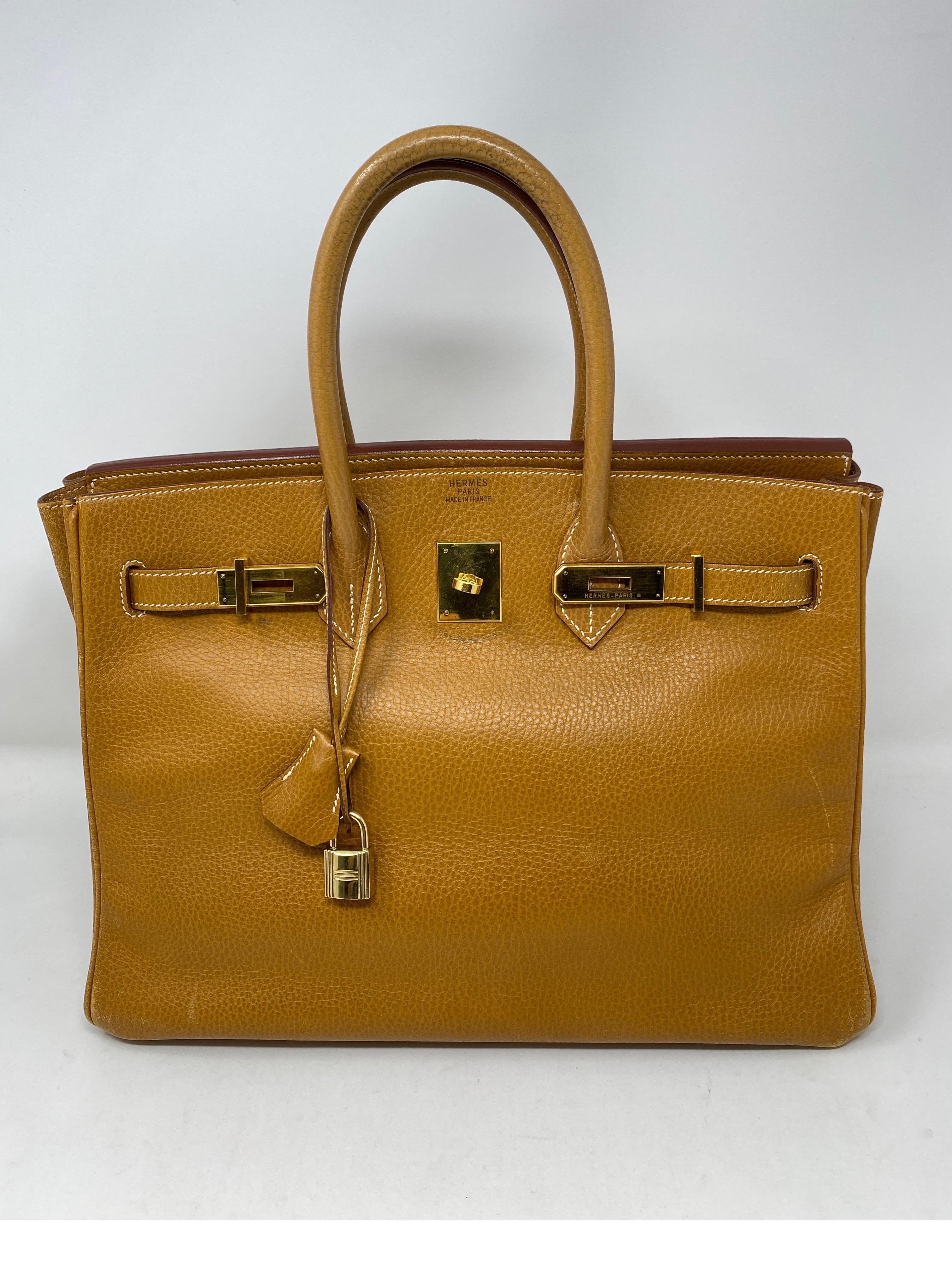 Hermes Natural Birkin 35 Bag. Ardennes leather. Vintage from 2002. Gold plated hardware. F square stamp. Has wear due to age and usage. Still has lots of life left. Light corner wear and light scratches throughout. Looks cool distressed a little.
