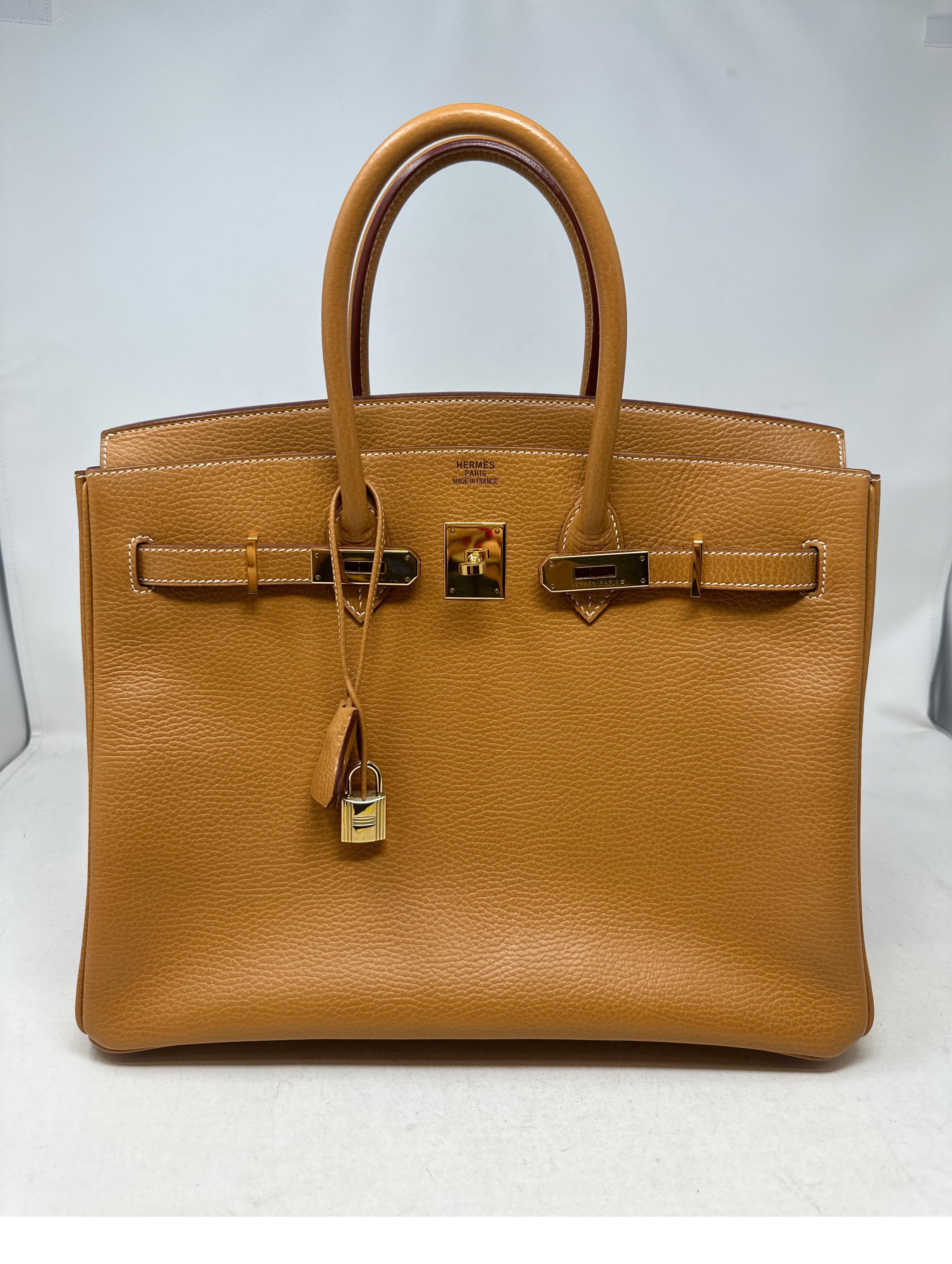 Hermes Natural Birkin 35 Bag. Gold hardware. Vintage courcheval leather. Interior clean. Excellent condition for vintage. Beautiful tan color. Includes clochette, lock, keys, and dust bag. Guaranteed authentic. 