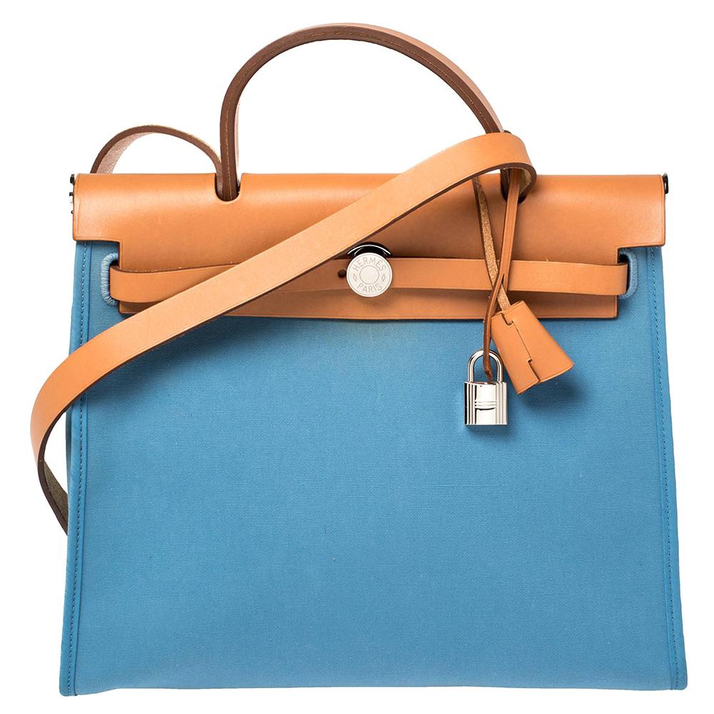 Hermes Natural/Blue Agate Canvas and Leather Herbag Zip 31 Bag