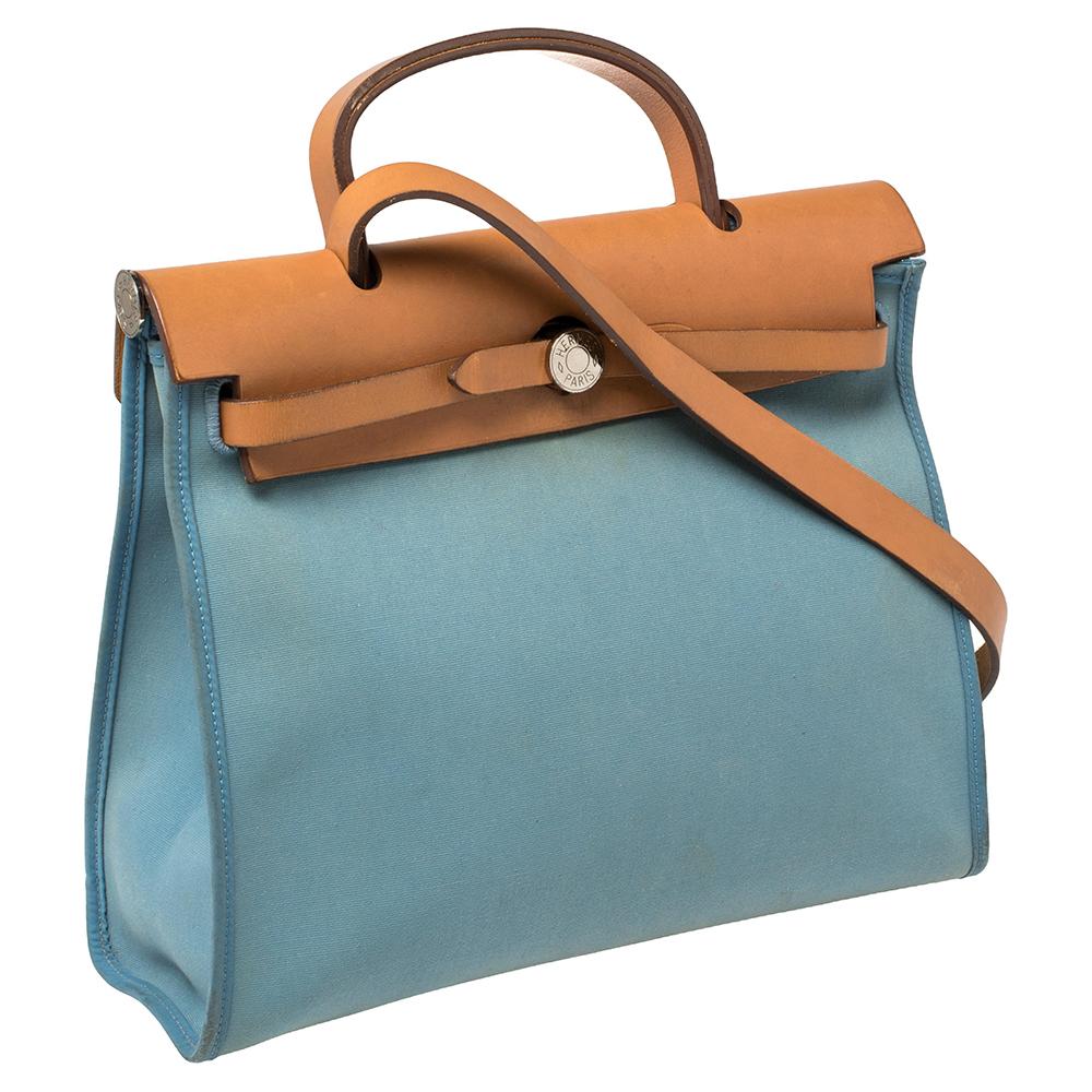 Gray Hermes Natural/Blue Lin Canvas and Leather Herbag Zip 31 Bag