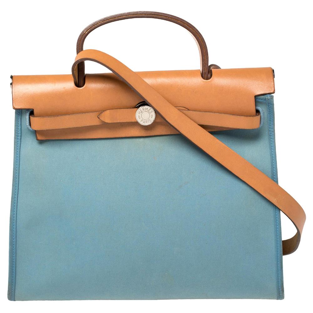 Hermes Natural/Blue Lin Canvas and Leather Herbag Zip 31 Bag