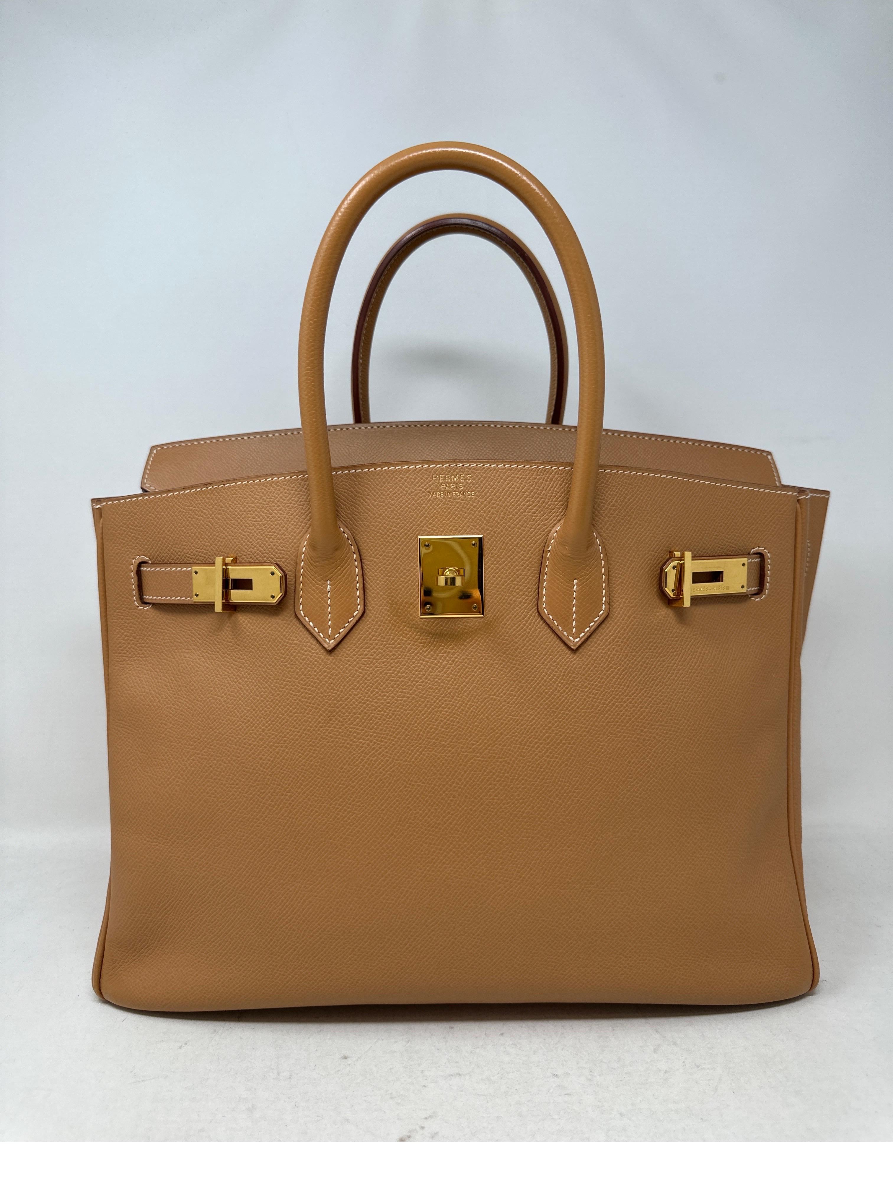 Hermes Natural Tan Birkin 35 Bag. Vintage Courcheval leather with gold hardware. Very good condition. Interior clean. Looks amazing for its age. Rare color and most wanted neutral tone. Contrast white stitching. Own a vintage Birkin in very good