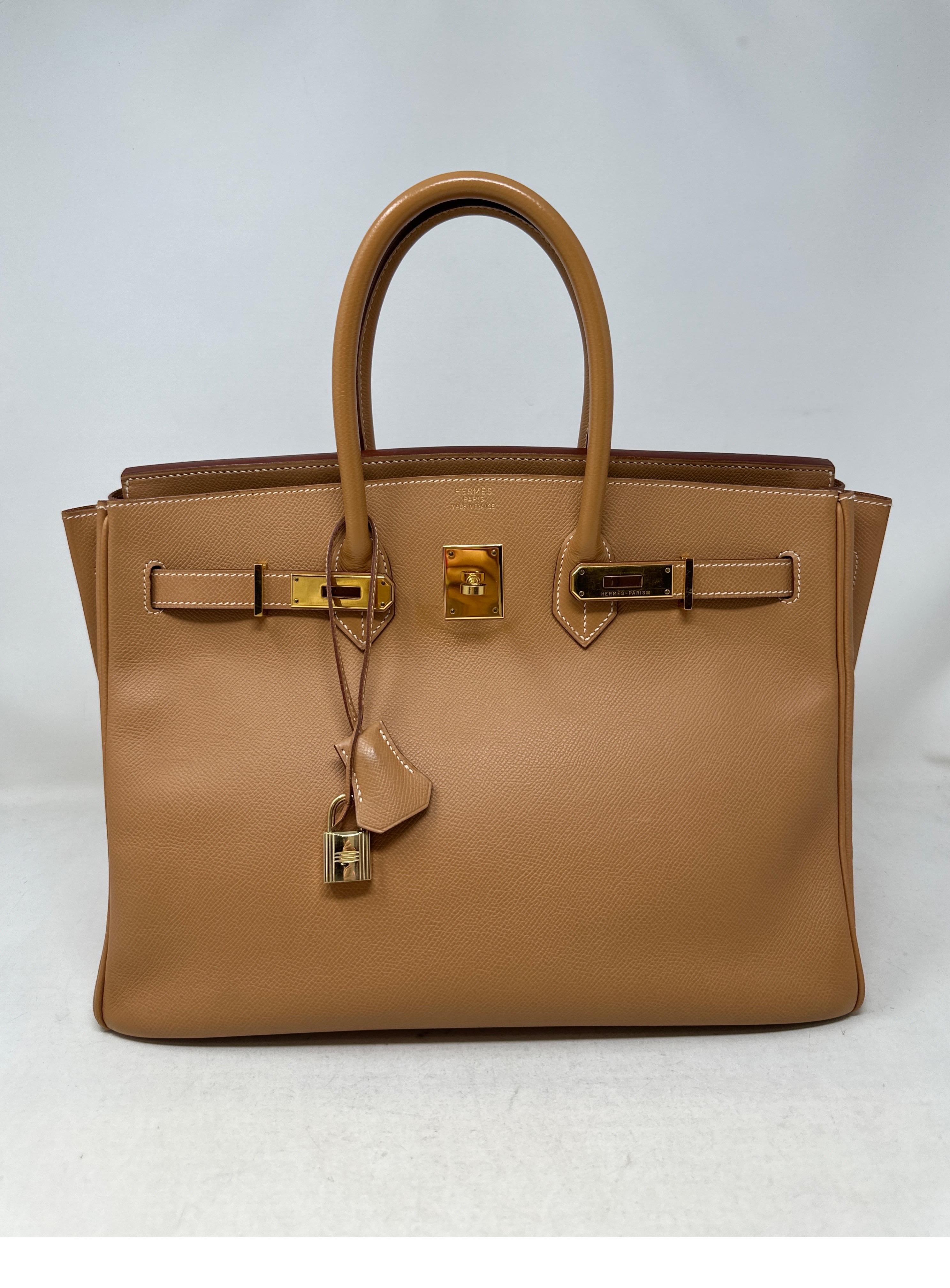 Hermes Natural Tan Birkin 35 Bag. Light tan color with gold hardware. Excellent condition. Great nuetral color. Hard to find. Light epsom leather. Interior clean. Includes clochette, lock, keys, and dust bag. Guaranteed authentic. 