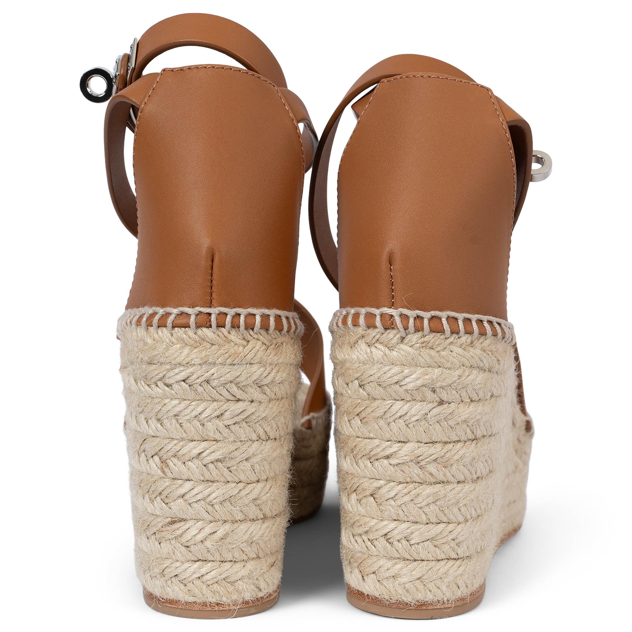 Women's HERMES Naturel tan leather TIPOLI Wedge Espadrille Sandals Shoes 41 fit 40