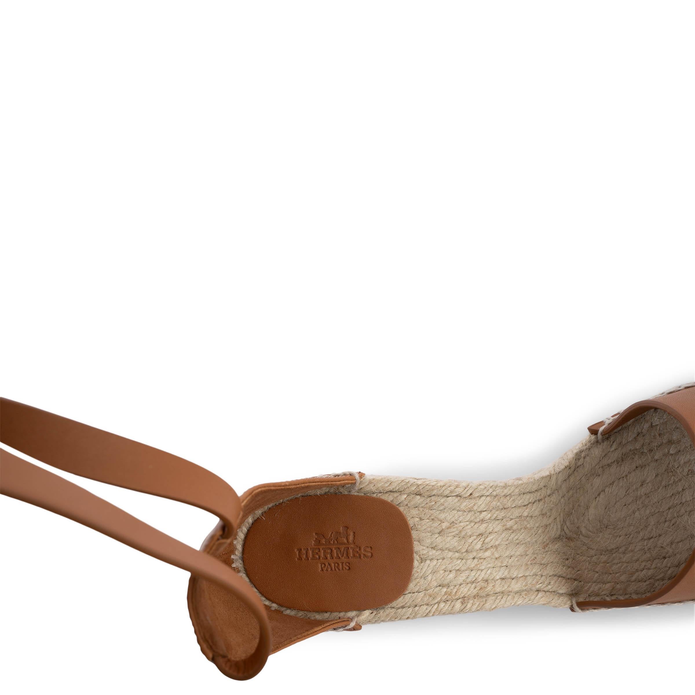 HERMES Naturel tan leather TIPOLI Wedge Espadrille Sandals Shoes 41 fit 40 2