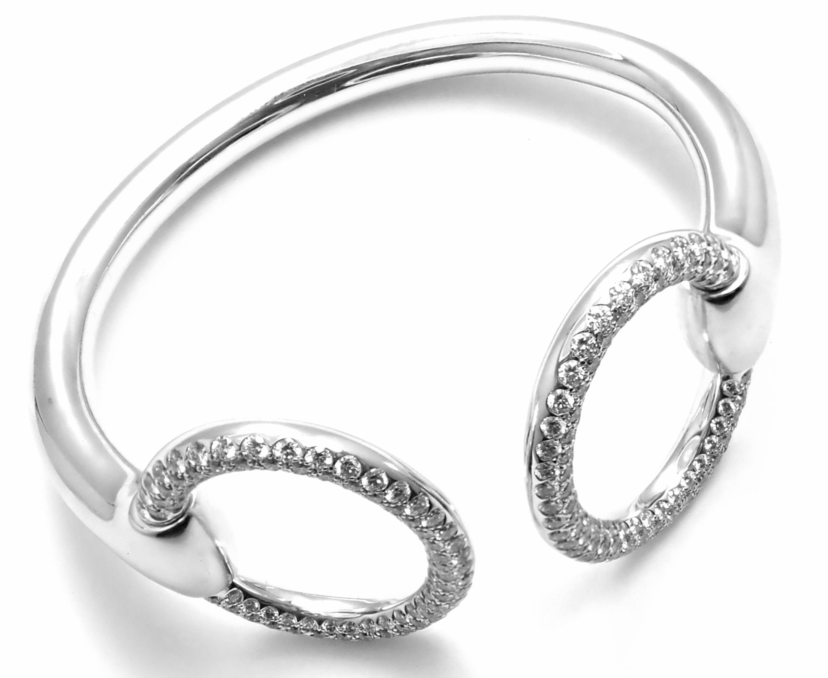 Women's or Men's Hermès Nausicaa Diamond Horsebit White Gold Cuff Bangle Bracelet For Sale