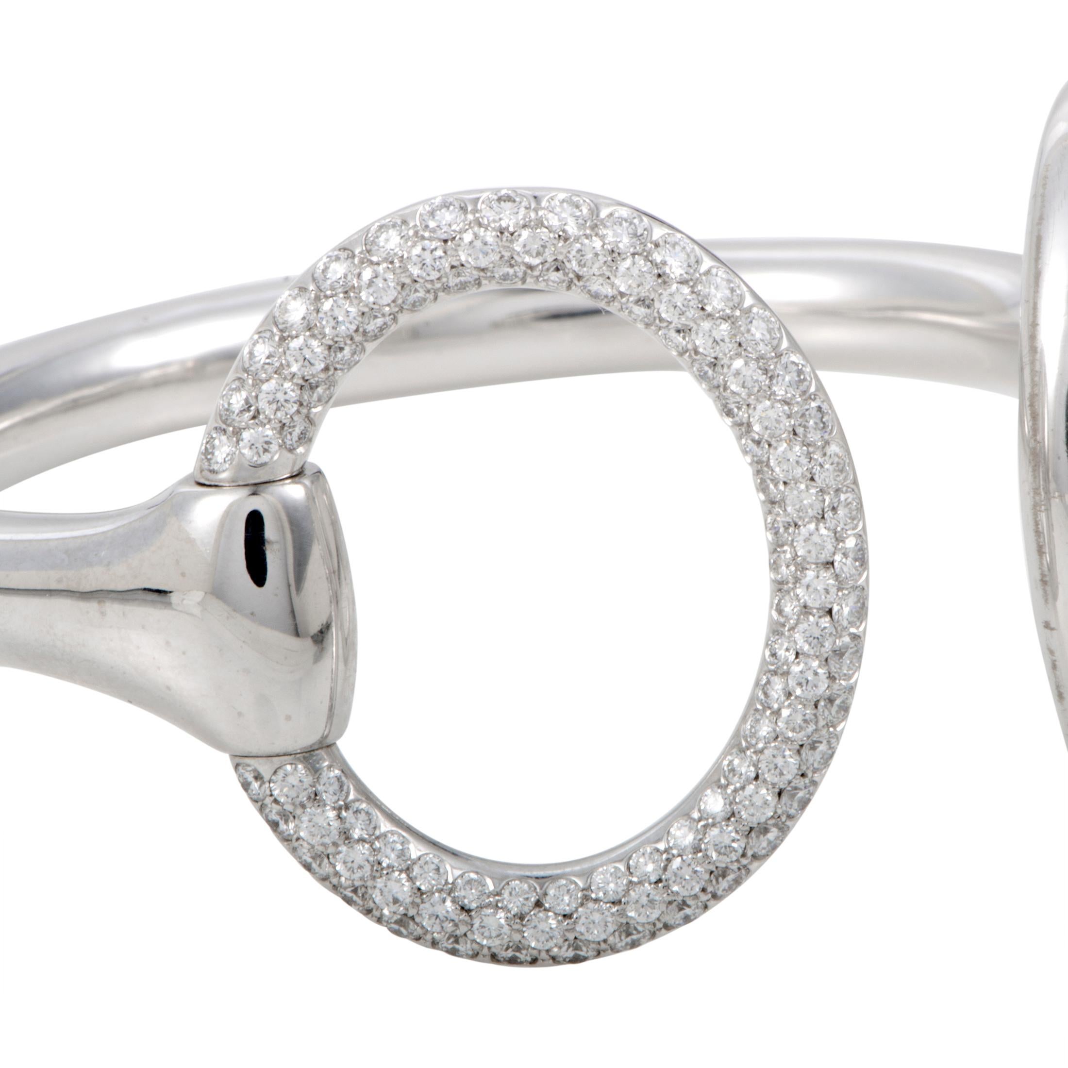 Round Cut Hermès Nausicaa Diamond Pavé Horsebit White 18 Karat Gold Open Bangle Bracelet