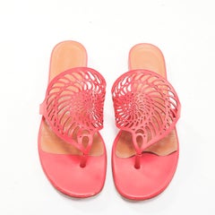 HERMES Nautilus coral red spiral cut out leather flat thong slippers EU35.5