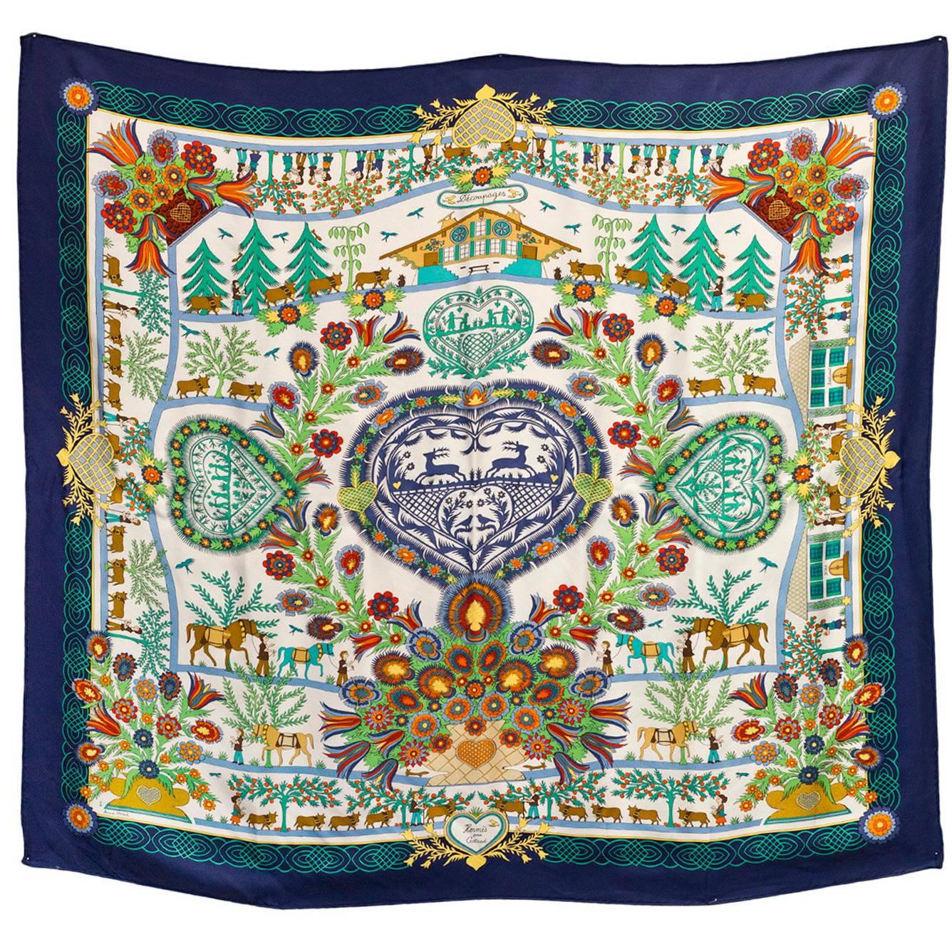 Hermes Navy & Multi-Color Decoupahes 90cm Silk Scarf