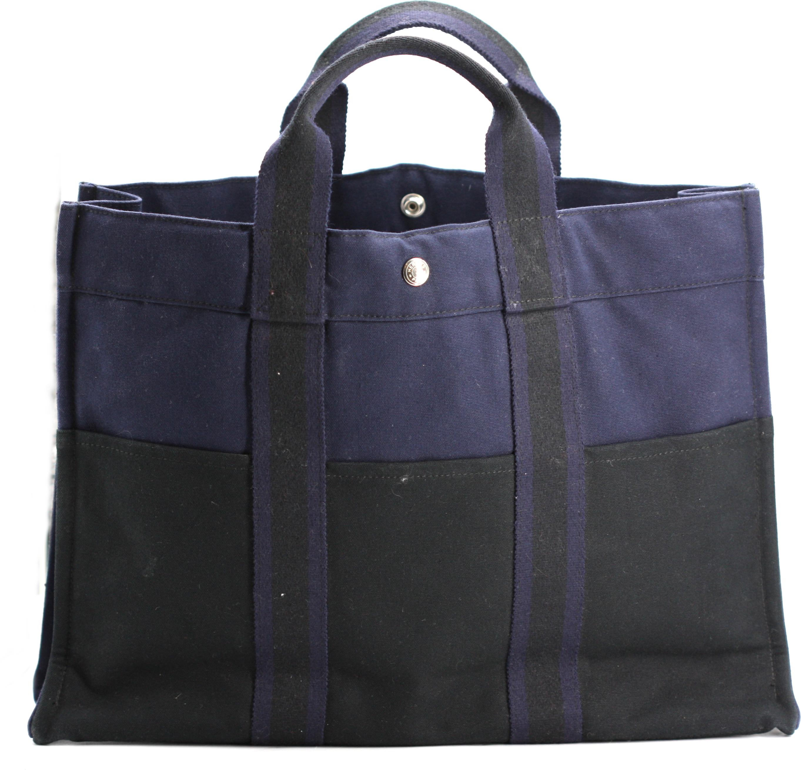 Hermes Marineblau und Schwarz Canvas Tote Signiert für Damen oder Herren im Angebot