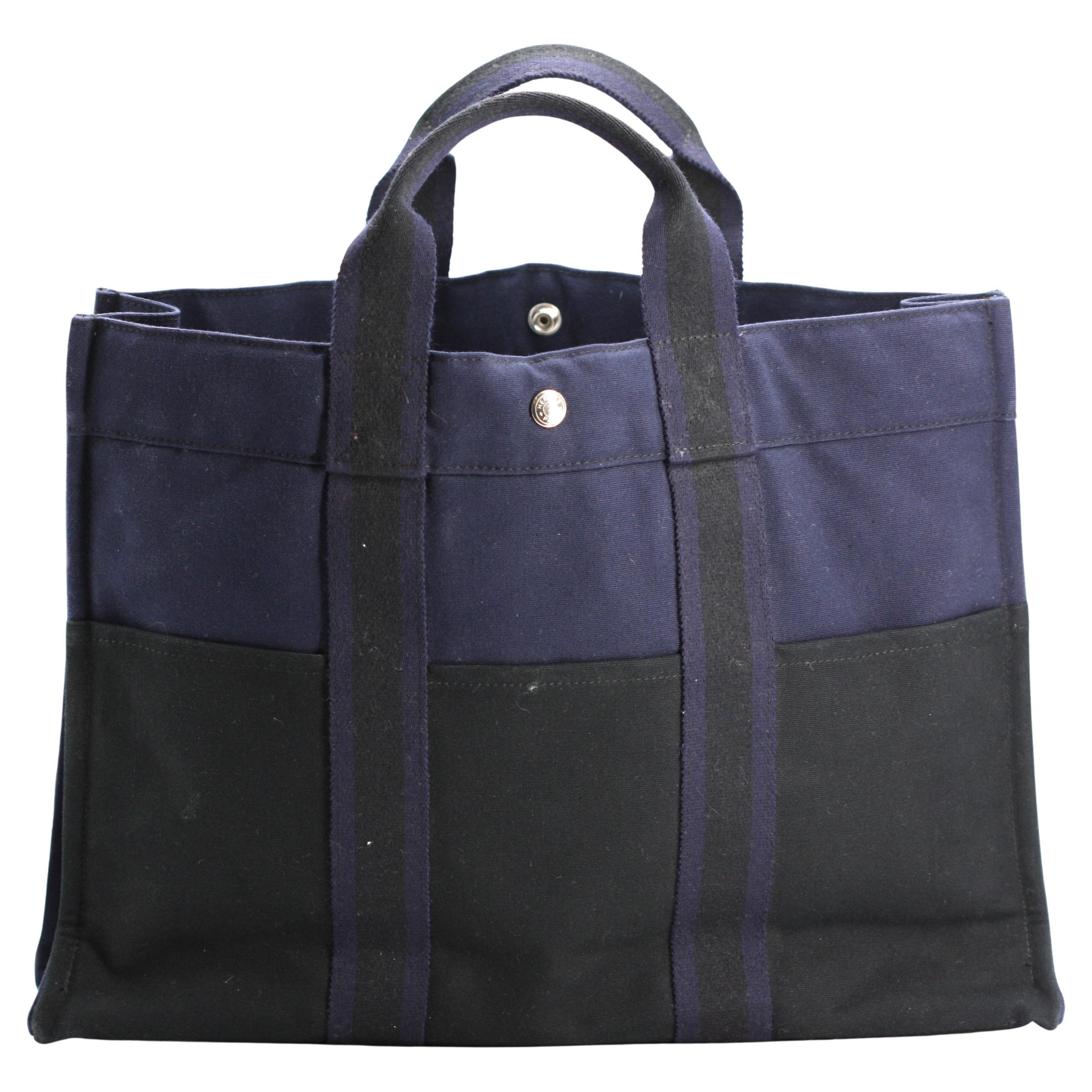 Hermes Marineblau und Schwarz Canvas Tote Signiert im Angebot