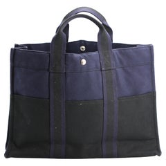 Hermes Navy and Black Canvas Tote Signed