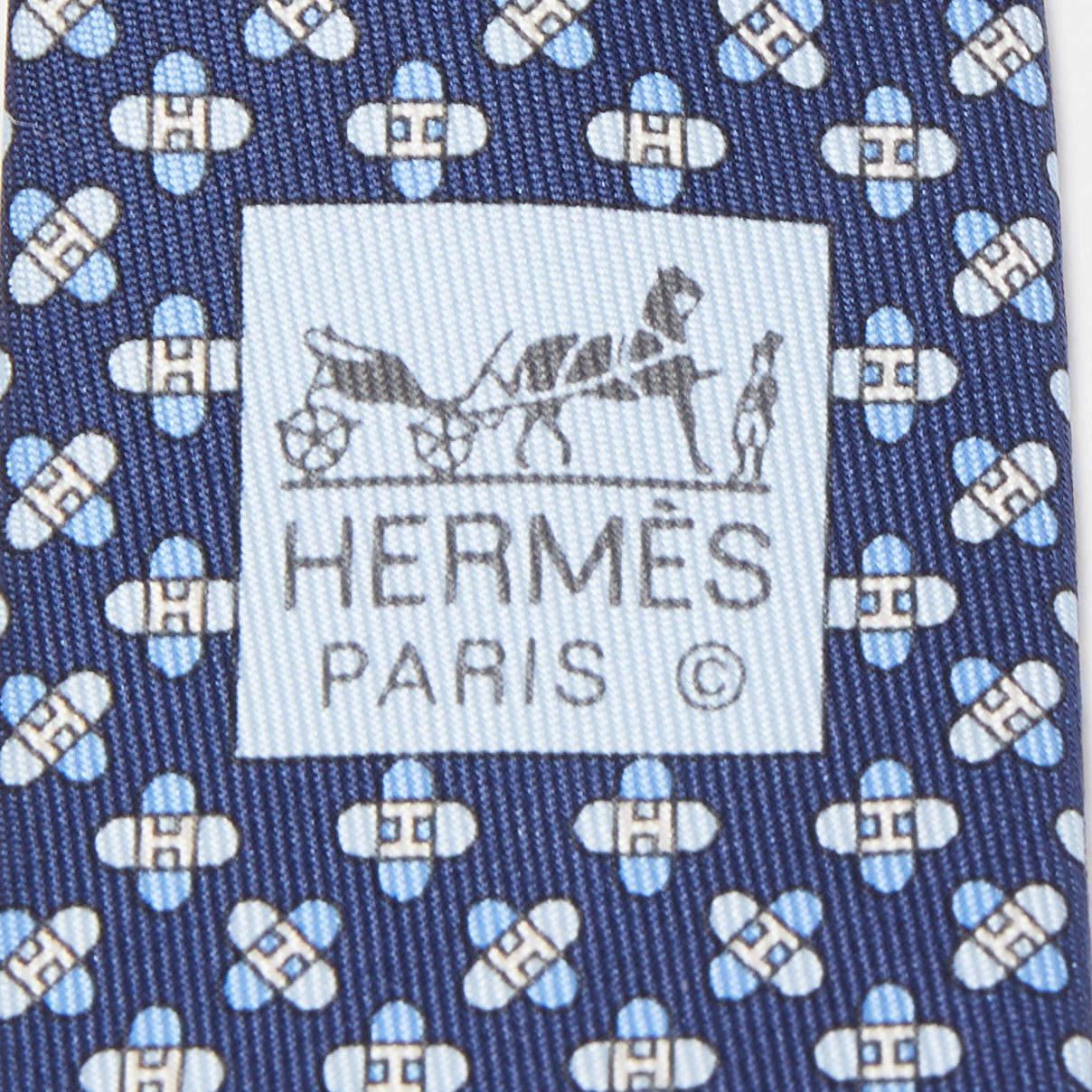 Men's Hermès Navy Blue 7 Drone H Printed Silk Slim Tie