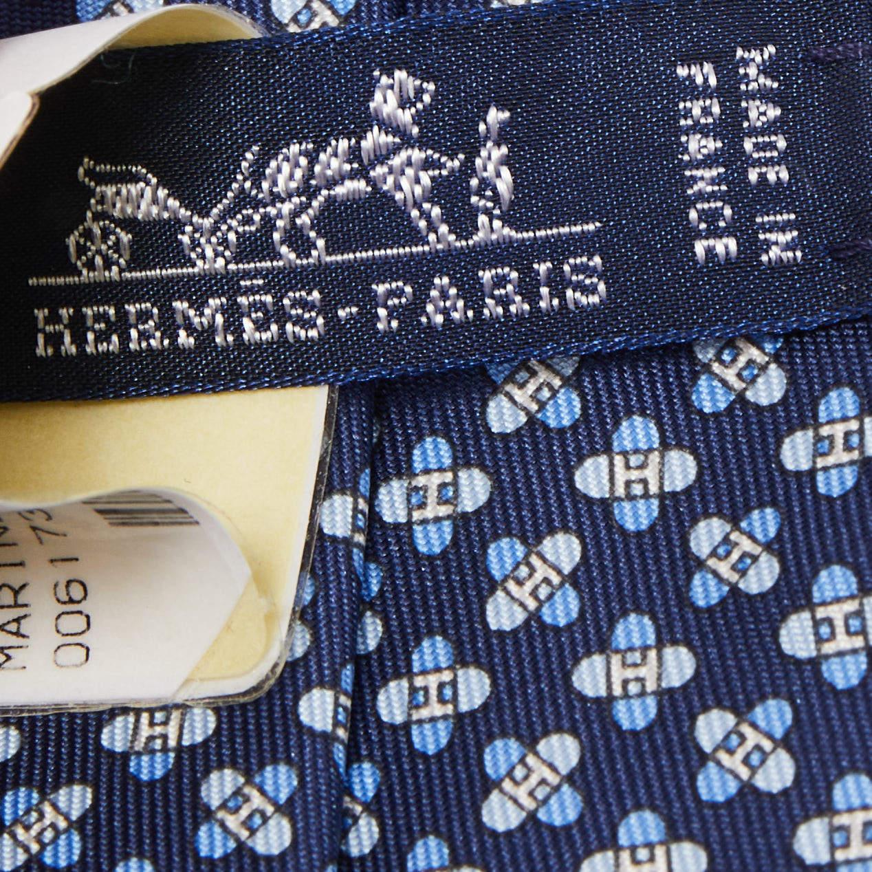 Hermès Navy Blue 7 Drone H Printed Silk Slim Tie 1
