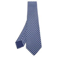 Hermès Navy Blue 7 Drone H Printed Silk Slim Tie