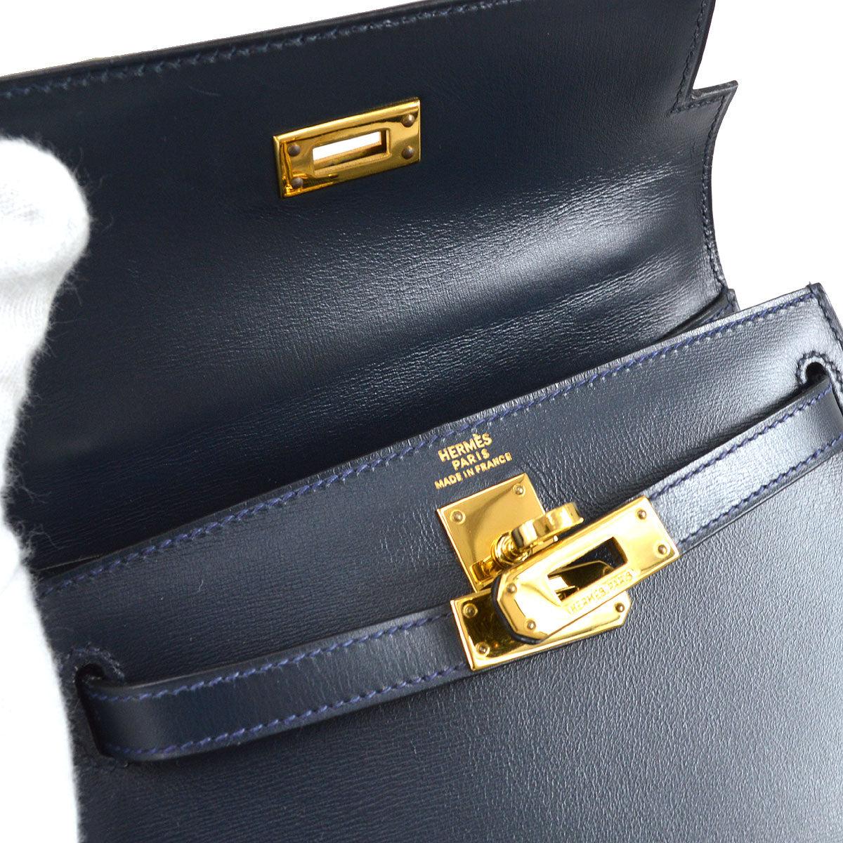 HERMES Navy Blue Box Calfskin Leather Gold Small Top Handle Shoulder Bag 1