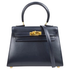 HERMES Navy Blue Box Calfskin Leather Gold Small Top Handle Handbag