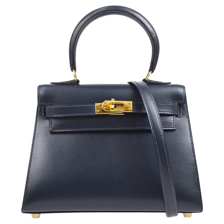 HERMES Navy Blue Box Calfskin Leather Gold Small Top Handle Shoulder Bag  For Sale at 1stDibs