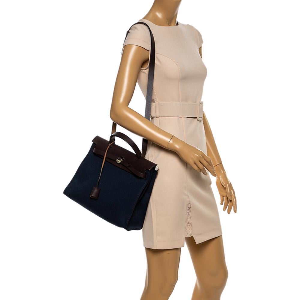 hermès blue brown pattern print herbag zip 31 handbag