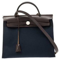 Hermes Navy Blue/Brown Canvas and Leather Herbag Zip 31 Bag