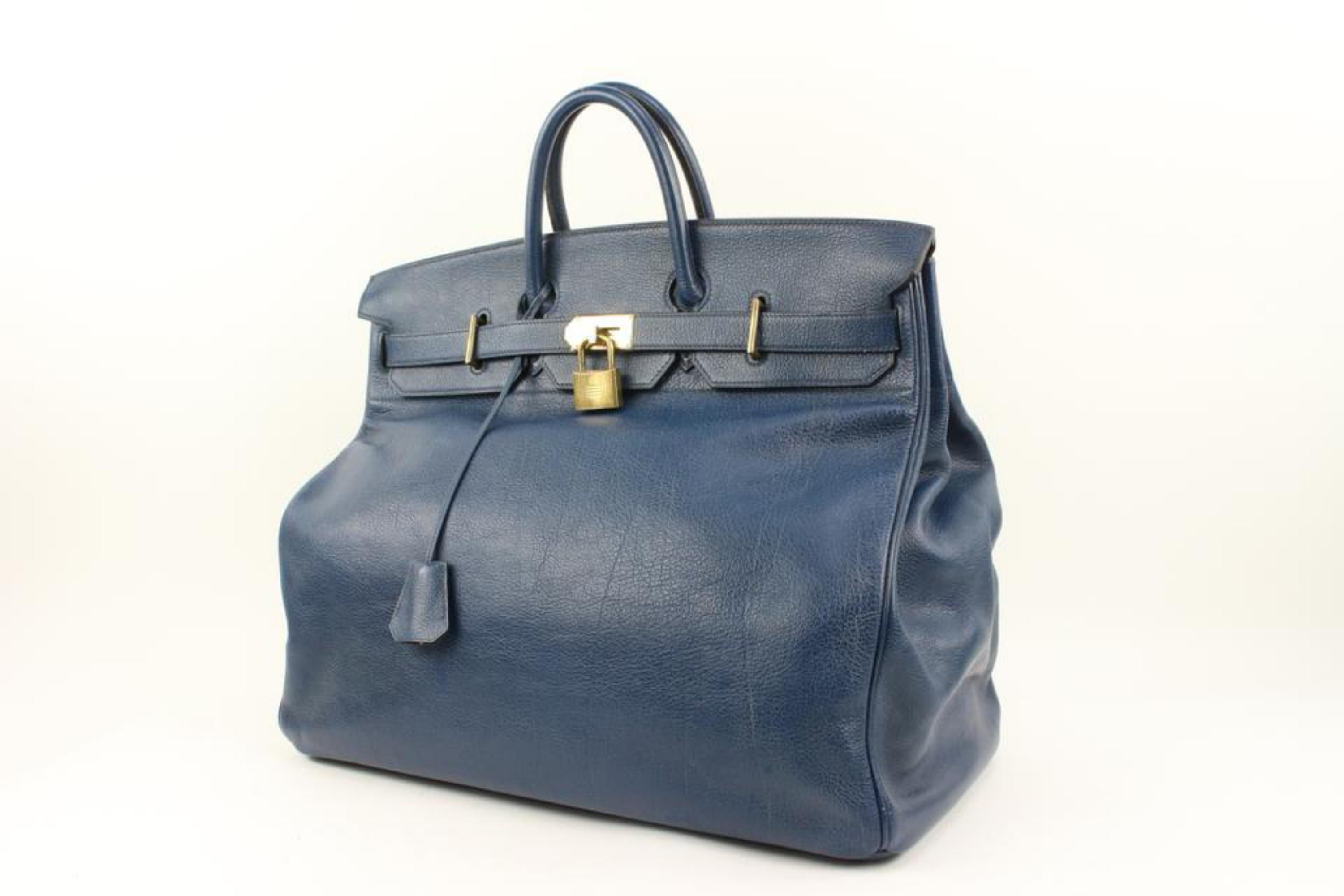 Hermès Navy Blue Buffle Skipper Haut A Courroies 50 Travel Birkin HAC 72h24s
Date Code/Serial Number: X in a circle
Made In: France
Measurements: Length:  19.5