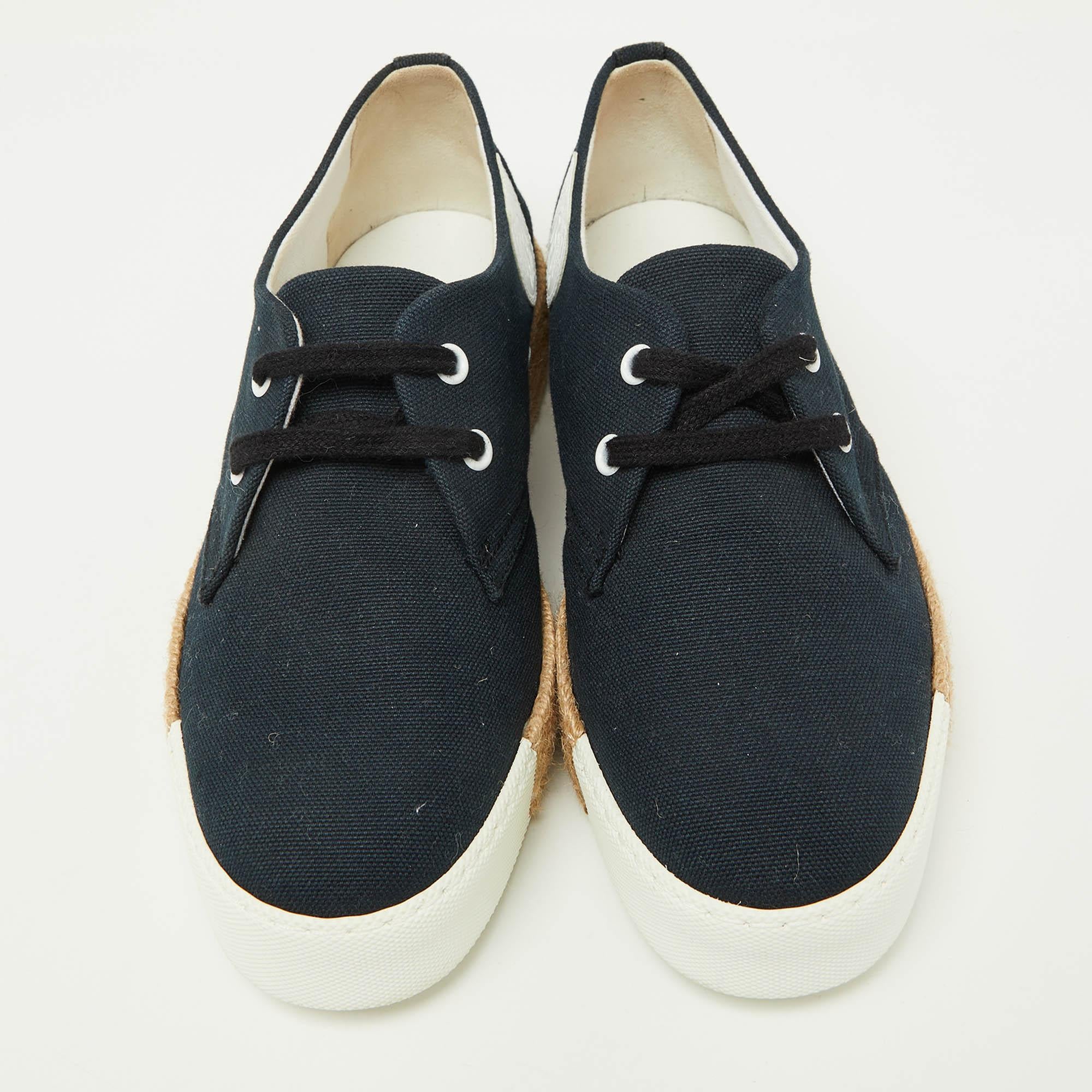 Black Hermès Navy Blue Canvas Rosa Espadrille Sneakers Size 37
