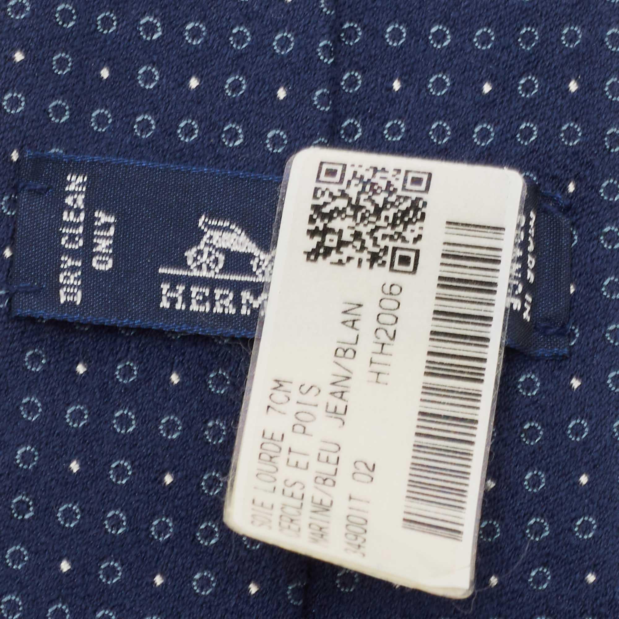 Men's Hermes Navy Blue Cercles Et Pois Silk & Wool Jacquard Slim Tie