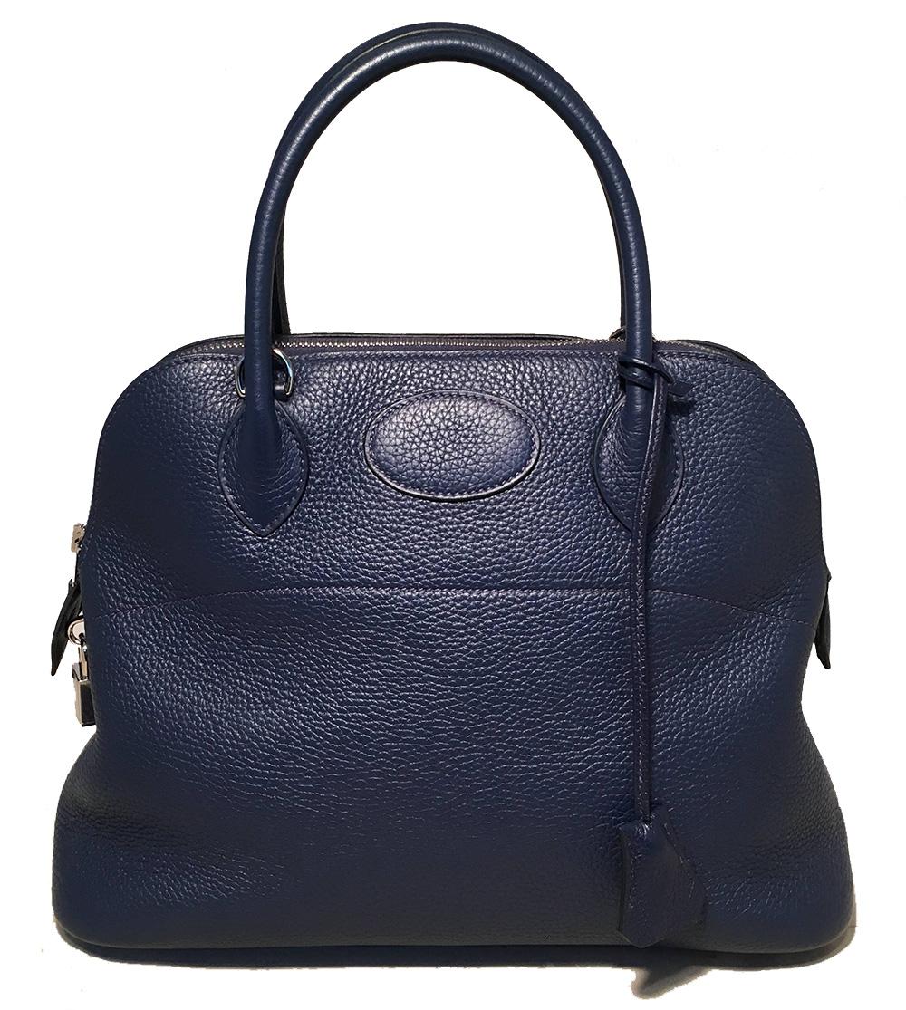 Hermes Navy Blue Clemence 31cm Bolide Bag and Shoulder Strap In Excellent Condition In Philadelphia, PA
