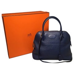 Hermes Navy Blue Clemence 31cm Bolide Bag and Shoulder Strap