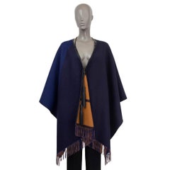 HERMES navy blue & cognac wool 2022 HIGHLANDS REVERSIBLE PONCHO Jacket OS