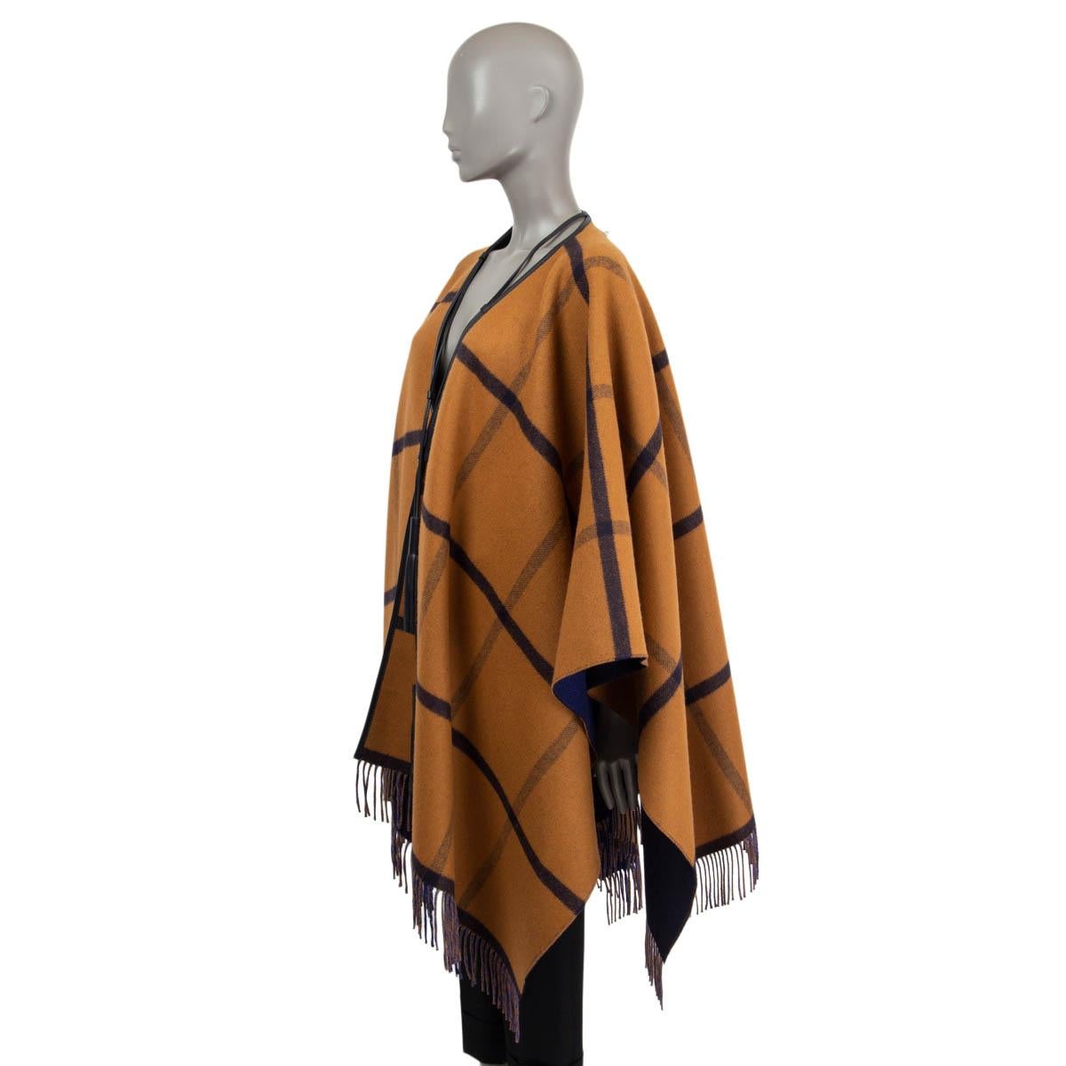 Black HERMES navy blue & cognac wool 2022 HIGHLANDS REVERSIBLE PONCHO Jacket OS
