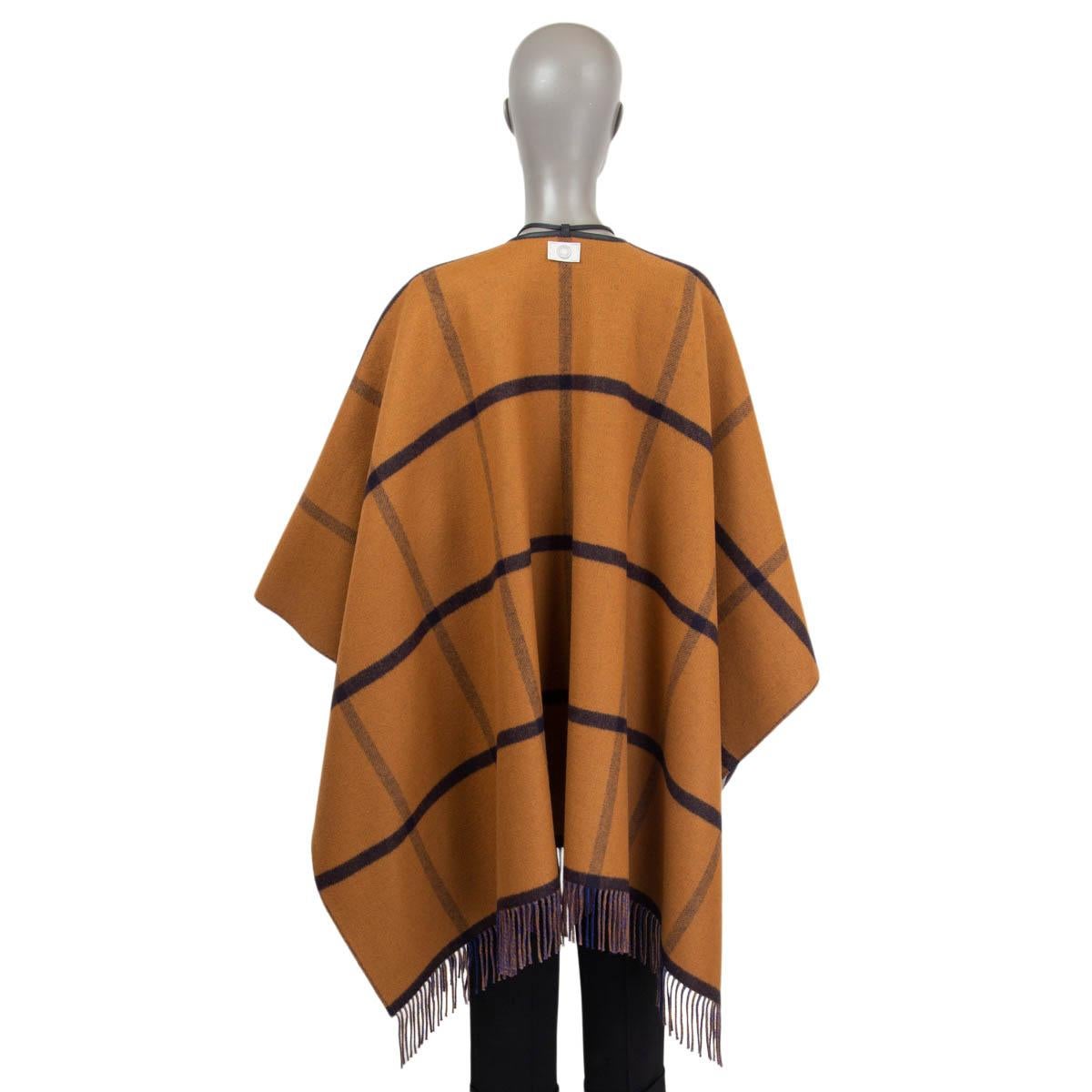 Women's HERMES navy blue & cognac wool 2022 HIGHLANDS REVERSIBLE PONCHO Jacket OS