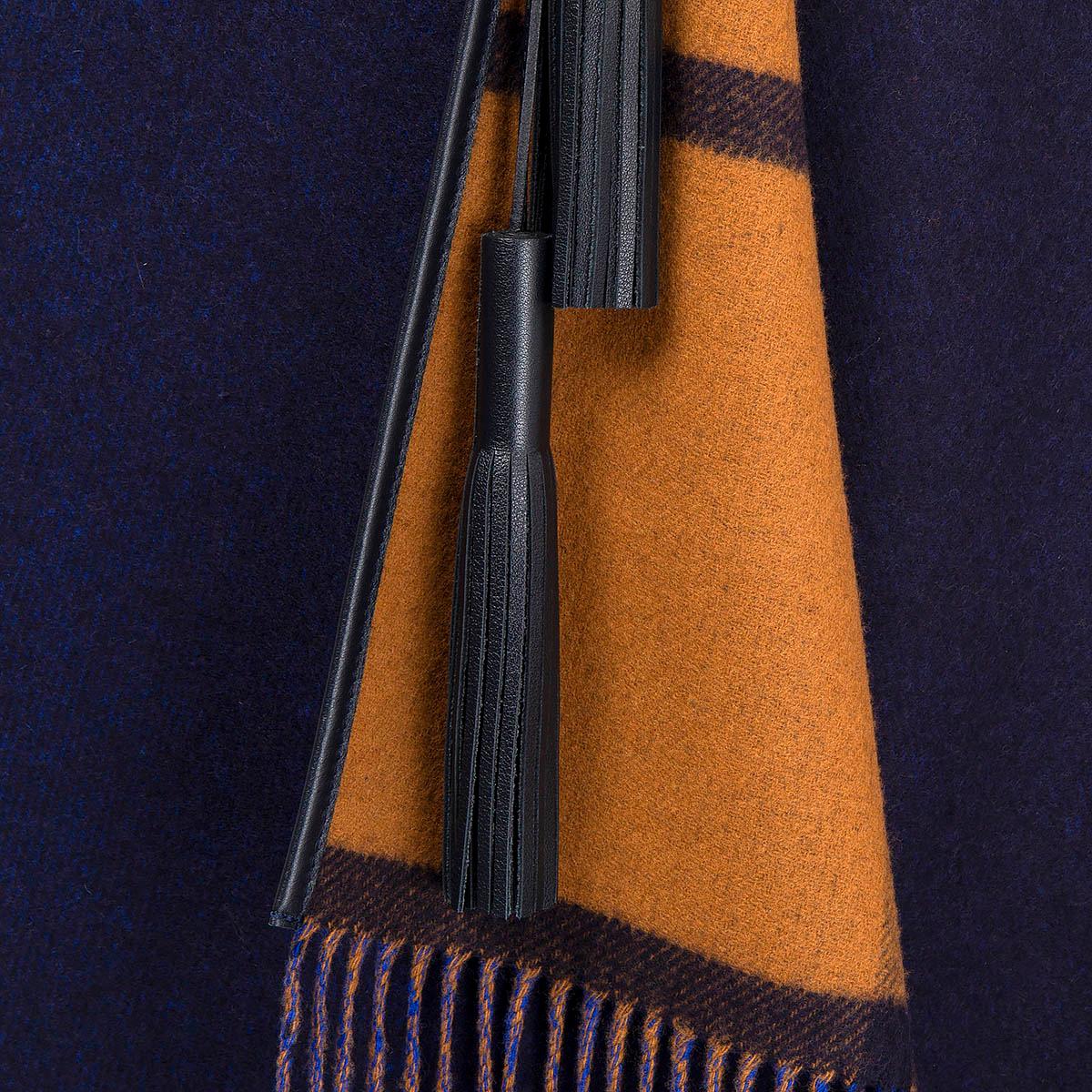 HERMES navy blue & cognac wool 2022 HIGHLANDS REVERSIBLE PONCHO Jacket OS 1