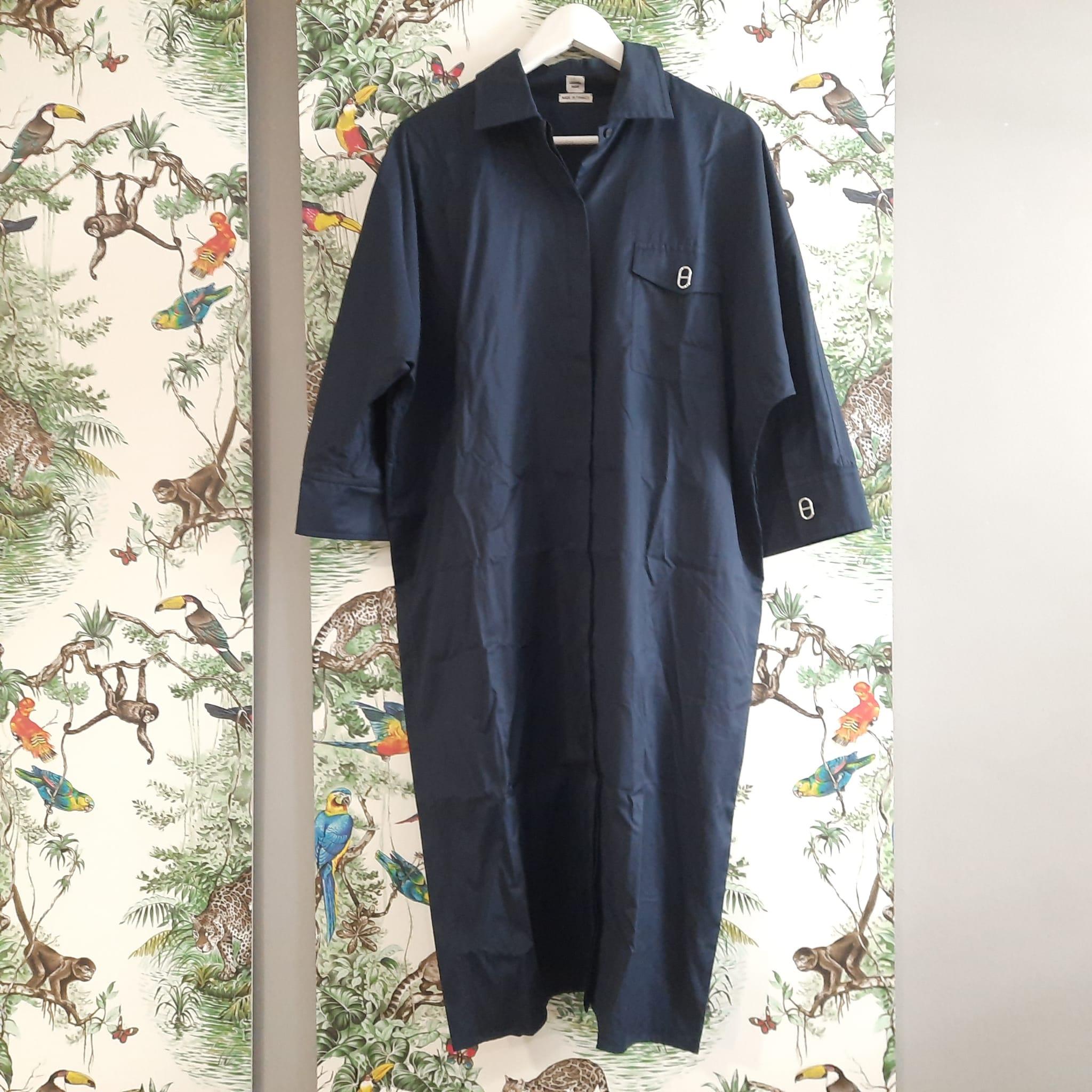 Hermes  Inspired Shirt Dress Navy Blue Cotton size 42  For Sale 3