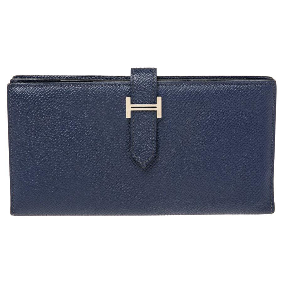 Hermes Navy Blue Epsom Leather Bearn Gusset Wallet