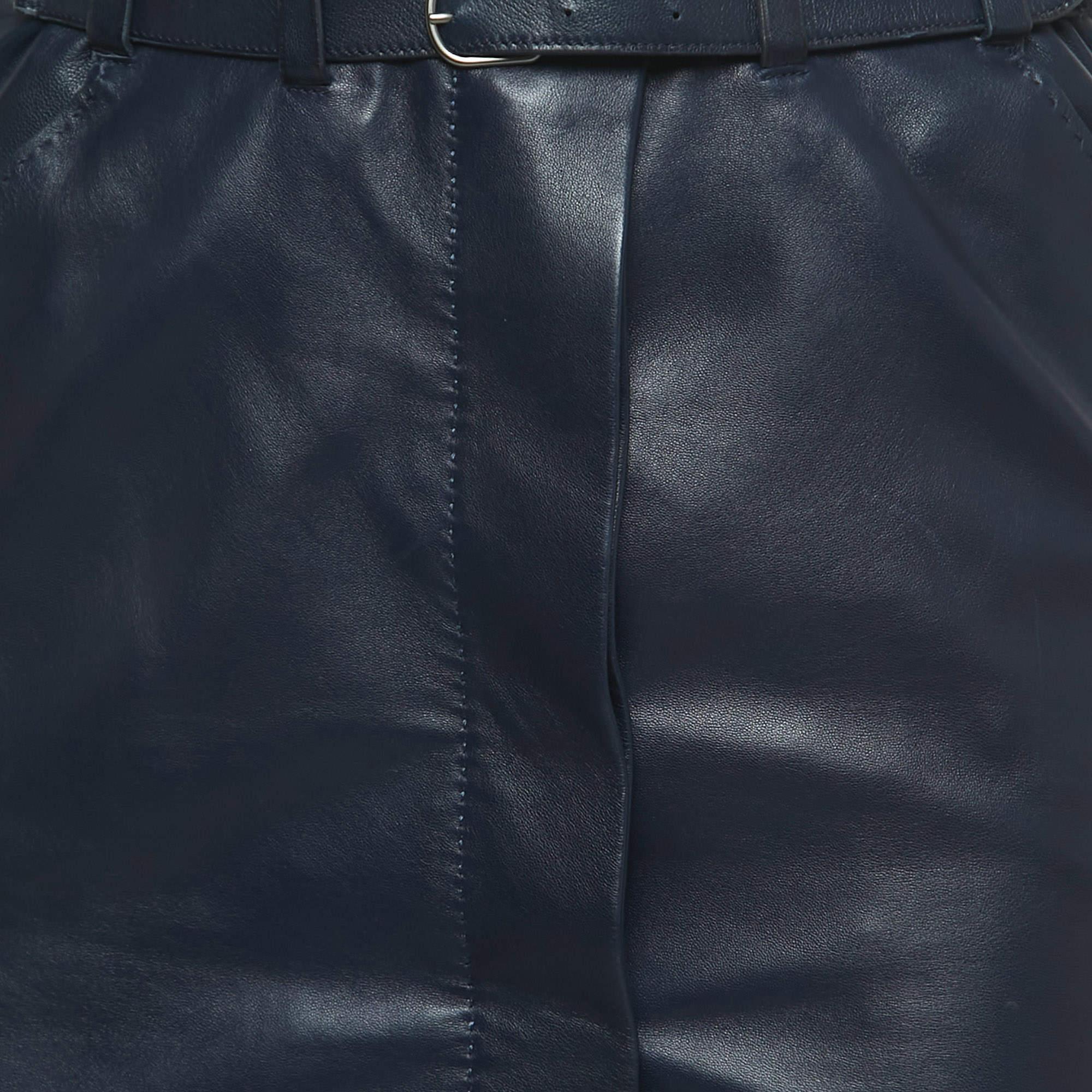 Black Hermes Navy Blue Lambskin Leather Midi Skirt S