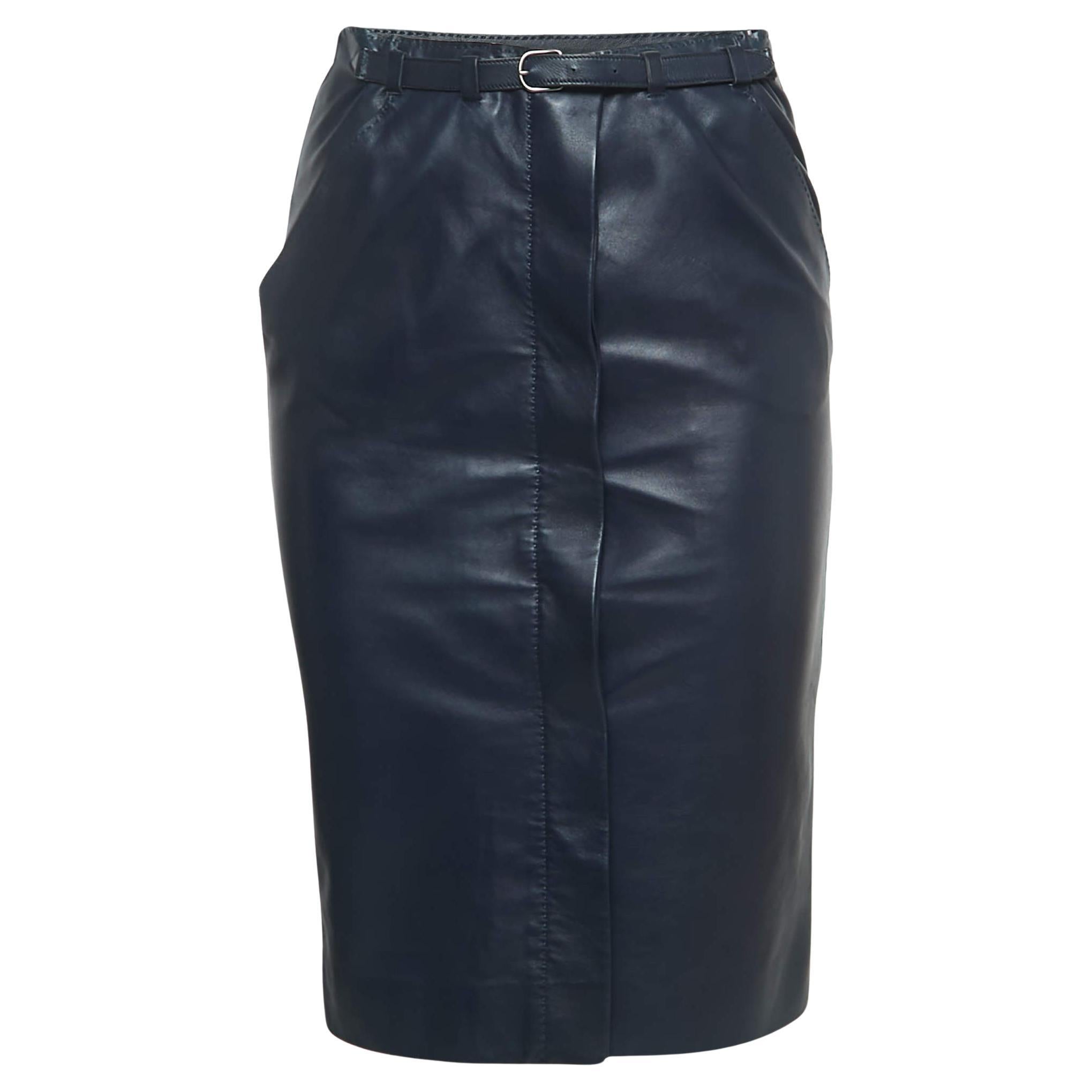 Hermes Navy Blue Lambskin Leather Midi Skirt S