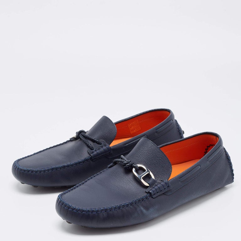 AUTHENTIC MENS HERMES ALLESANDRO LEATHER LOAFERS, SIZE US 9.5, NAVY Hermes Navy Blue Leather Alessandro Loafers Size 41 Hermes  main image 4