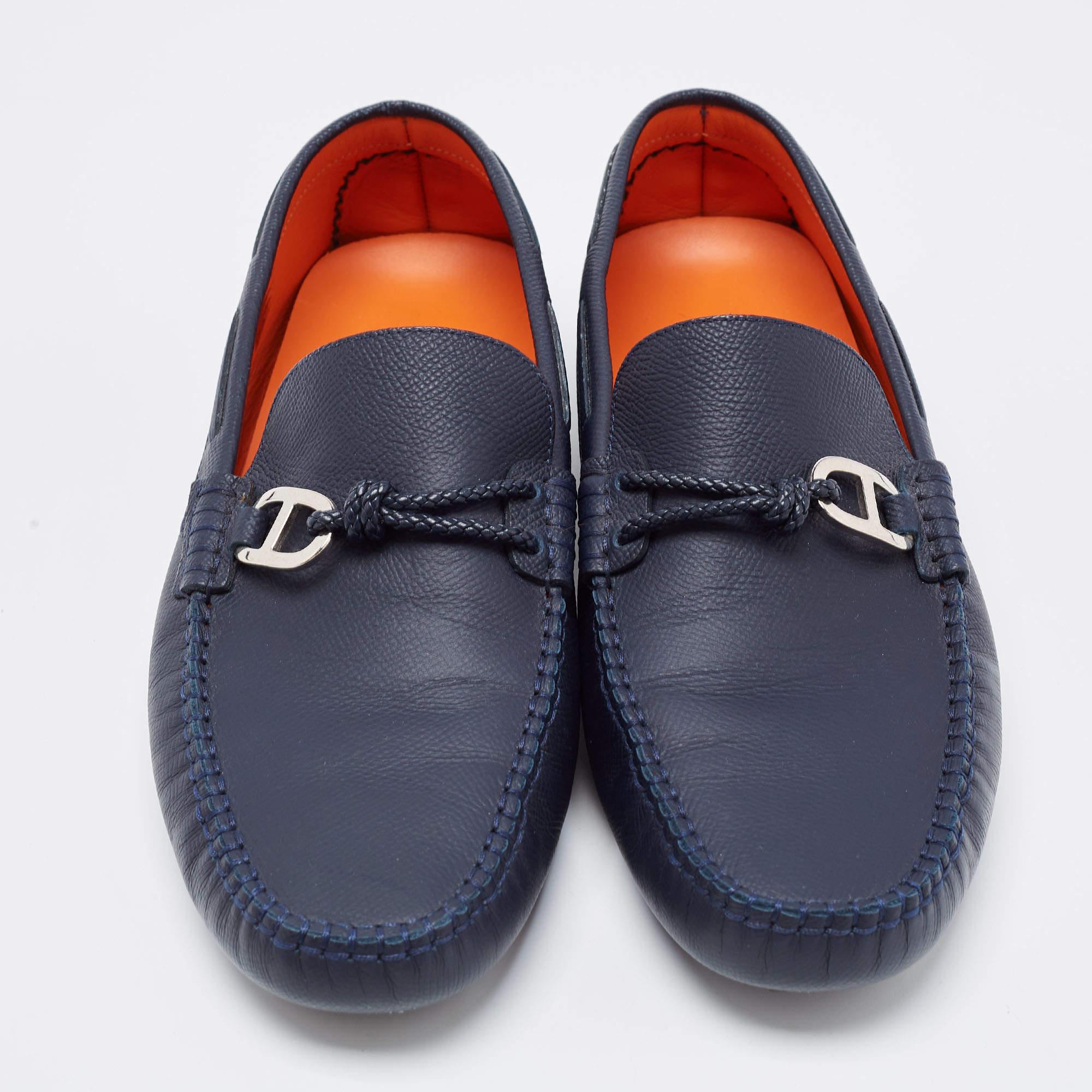Hermes Navy Blue Leather Alessandro Drivers Loafers Size 42.5 In Good Condition In Dubai, Al Qouz 2
