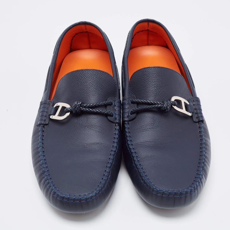 AUTHENTIC MENS HERMES ALLESANDRO LEATHER LOAFERS, SIZE US 9.5, NAVY Hermes Navy Blue Leather Alessandro Loafers Size 41 Hermes  main image 3