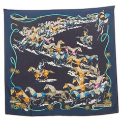 Hermes Navy Blue Les Mustangs II Silk Scarf