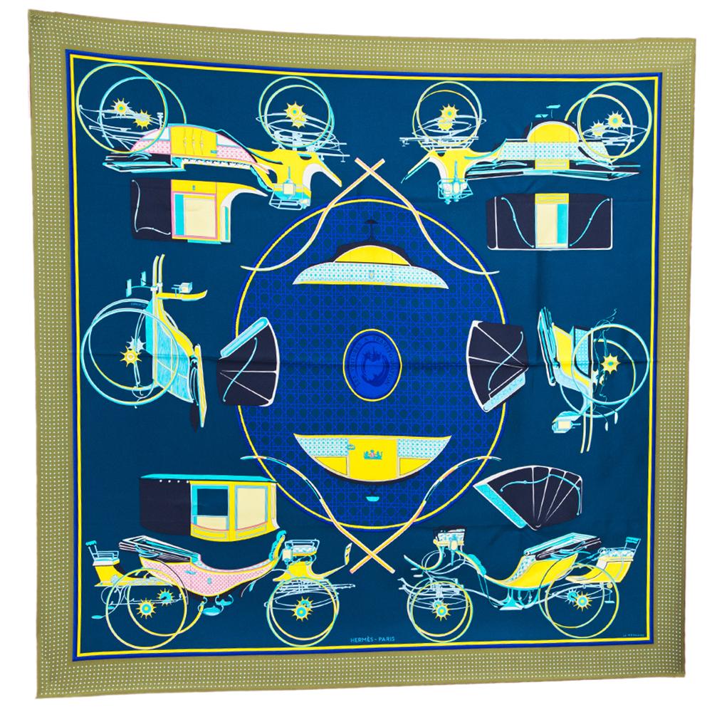 Black Hermes Navy Blue & Olive Transformation Cars Silk Twill Square Scarf