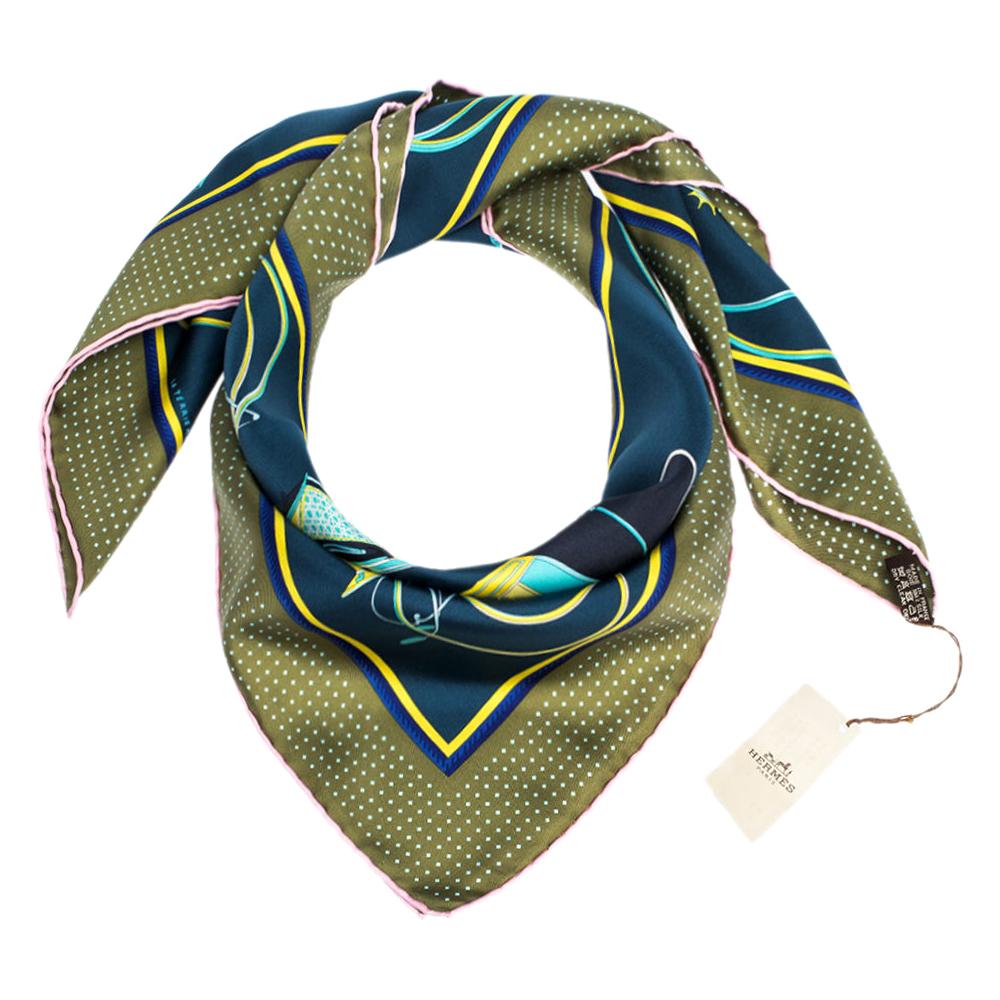 Hermes Navy Blue & Olive Transformation Cars Silk Twill Square Scarf