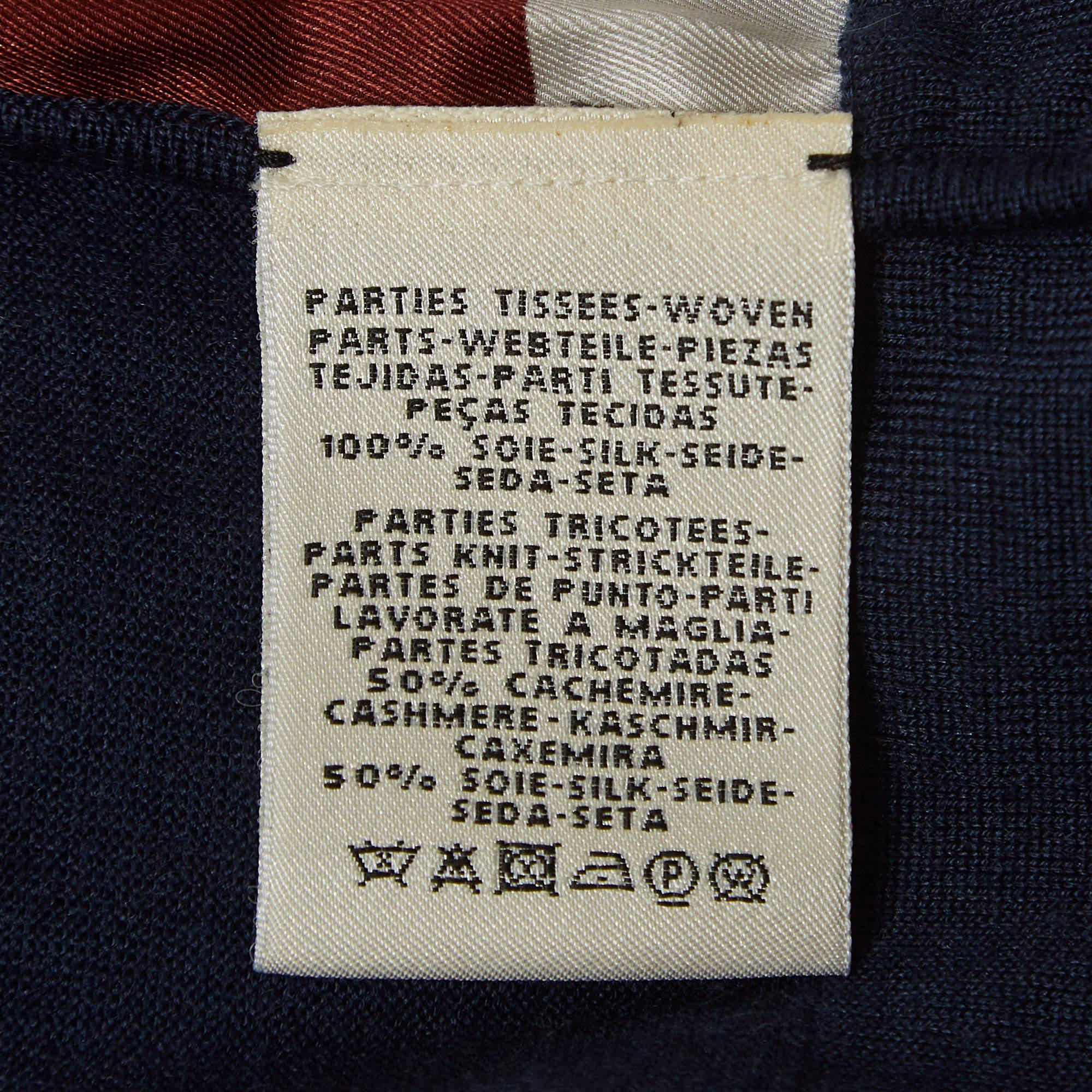 Noir Hermès Cardigan boutonné sans manches en maille de soie et cachemire imprimé bleu marine M en vente