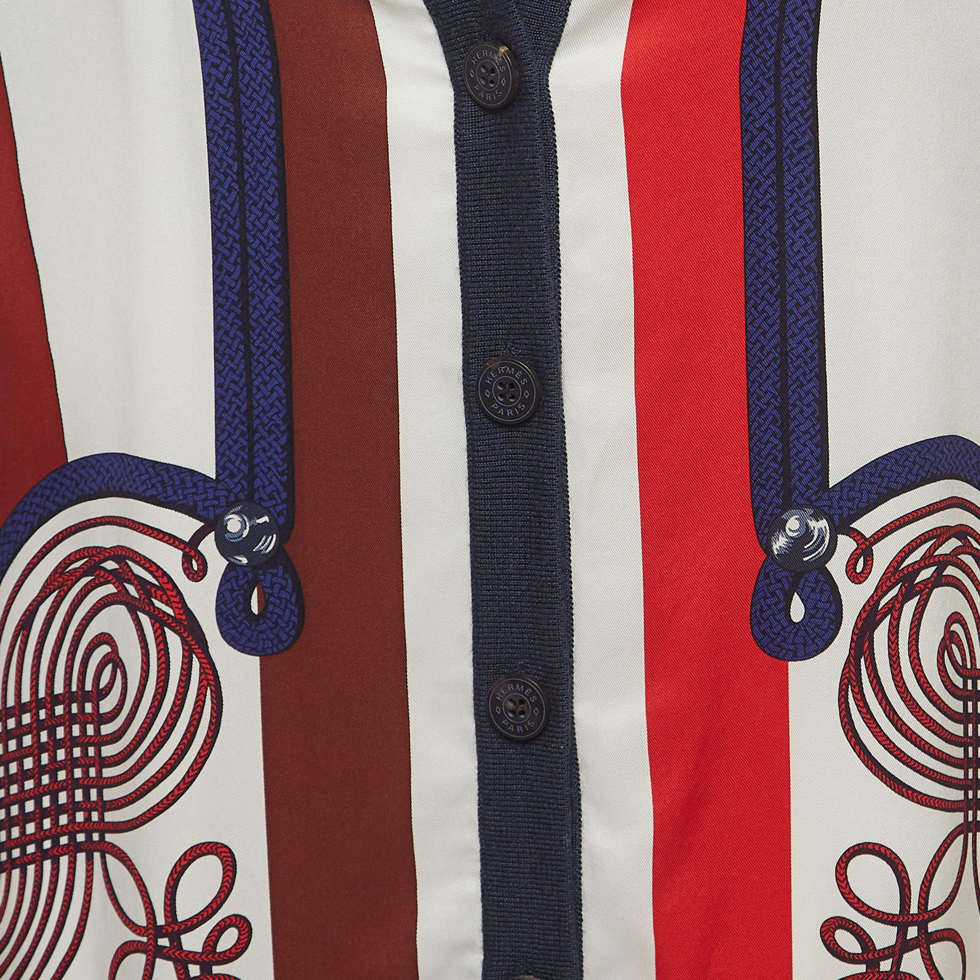Hermès Cardigan boutonné sans manches en maille de soie et cachemire imprimé bleu marine M Pour femmes en vente