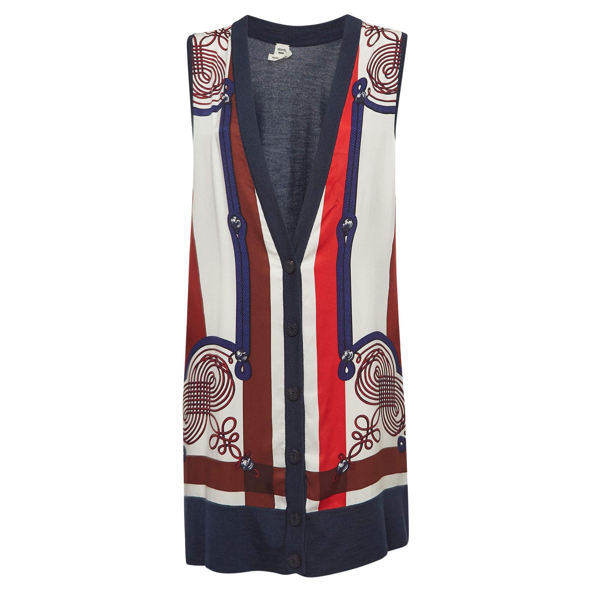Hermès Cardigan boutonné sans manches en maille de soie et cachemire imprimé bleu marine M en vente