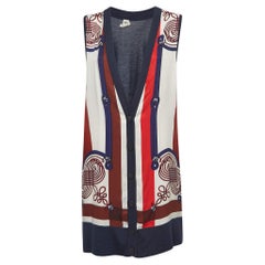 Hermès Marineblauer Druck Seide und Kaschmir Strickjacke ohne Ärmel mit Knöpfen M